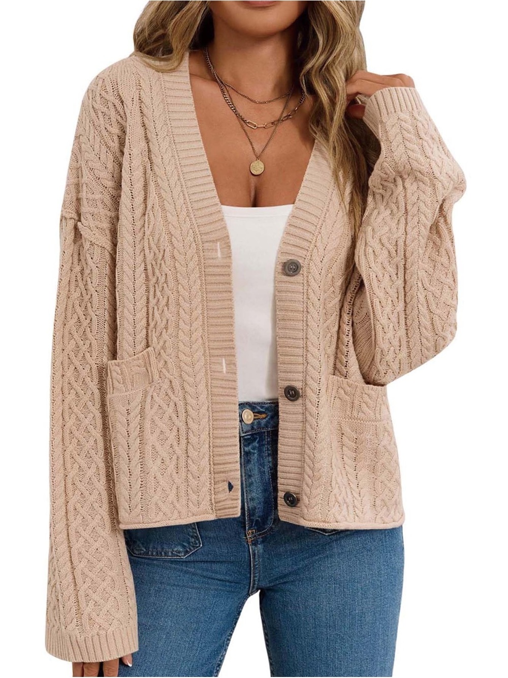 Women’s Cream Cable Knit Button-Up Cardigan Sweater